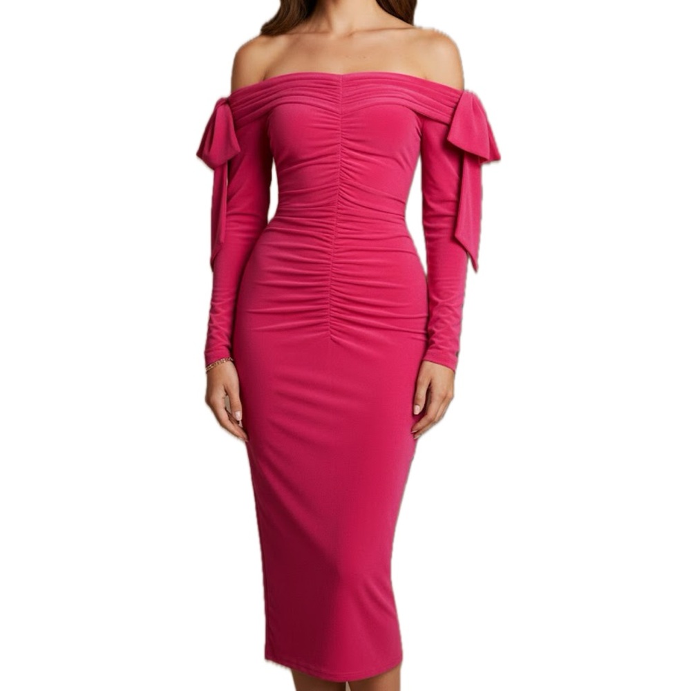 NWT ATOIR Aliah Ruched Off The Shoulder Hot Pink Bow Sleeve Midi Dress Size 8